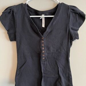 Free People Black Puff Sleeve Fitted Blouse